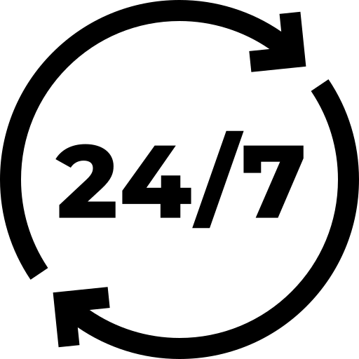 Black '24/7' symbol with circular arrows on a white background