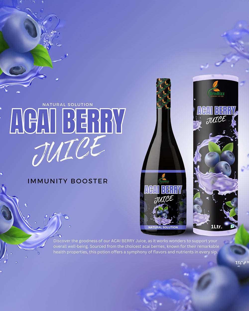 Acai Berry Juice For Skin Health/Boost Immune System (1 L) Grinbizz