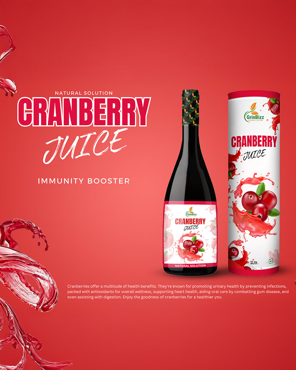 Cranberry Juice Natural Energy/ For UTI/Immunity Booster (1000 ml) Grinbizz