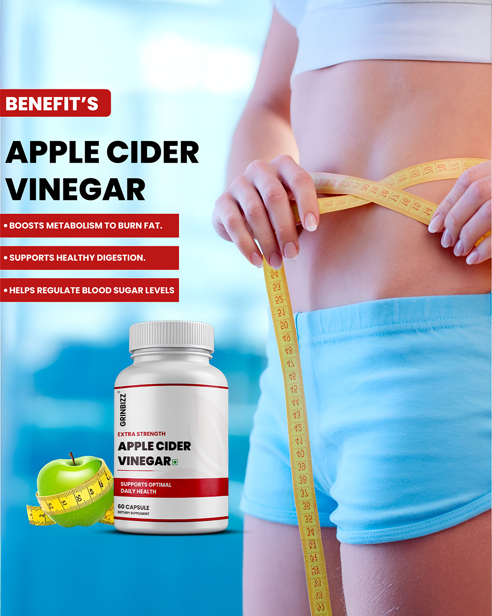 Apple Cider Vinegar Capsules- Detox, Digestion Weight Management Grinbizz