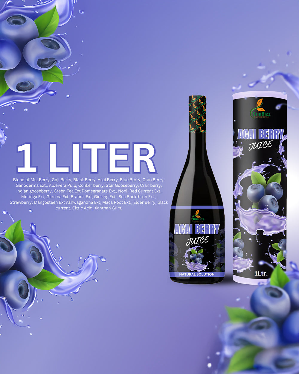 Acai Berry Juice For Skin Health/Boost Immune System (1 L) Grinbizz