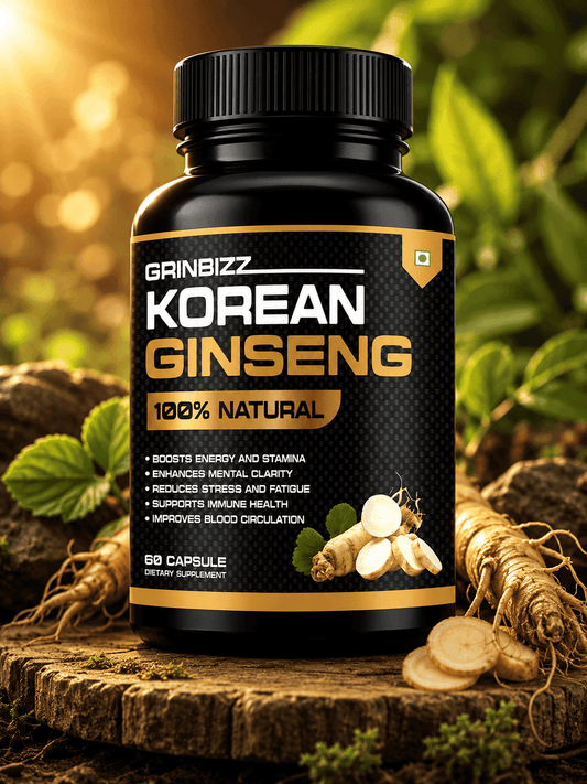 Grainbizz Korean Ginseng supplement bottle on a wooden surface with ginseng roots in the background.
