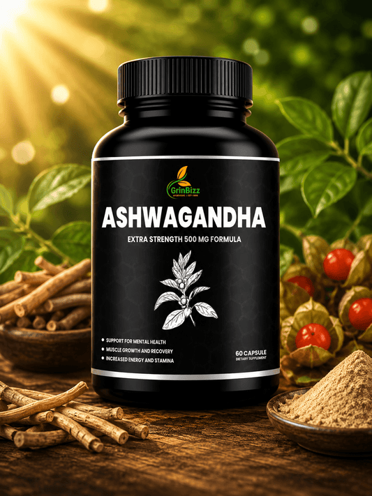 Black bottle of Ashwagandha supplement with natural ingredients on a wooden surface