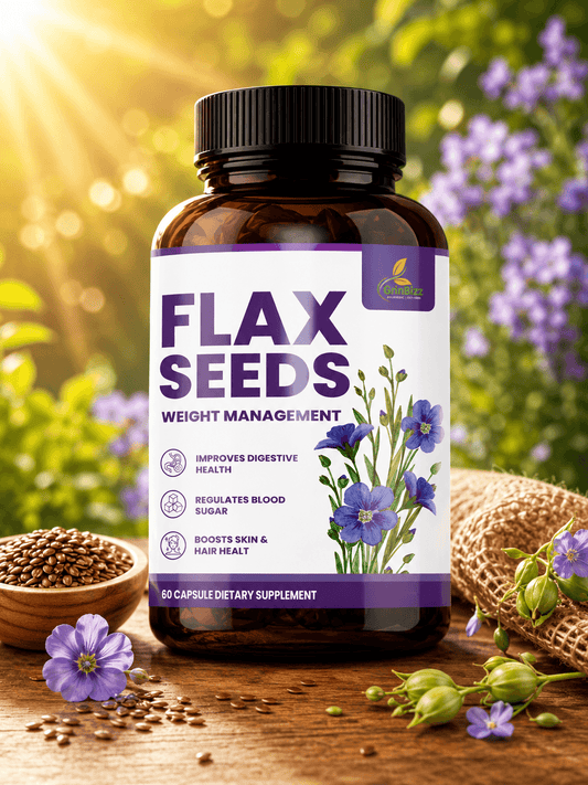 Supplement bottle labeled 'Flax Seeds' with a natural background featuring flowers and seeds.
