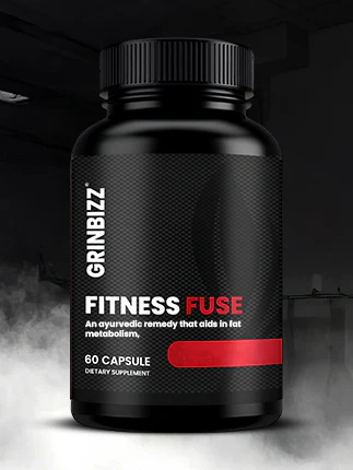 Black supplement bottle labeled 'Fitness Fuse' by Grinbizz on a dark background