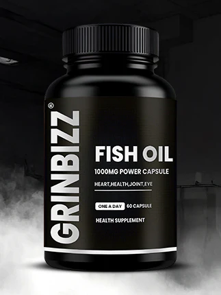 Black bottle of Grinbizz Fish Oil supplement on a dark background