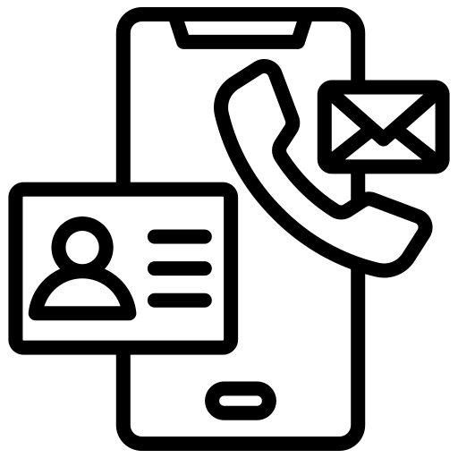 Icon of a phone, envelope, and person icon on a white background