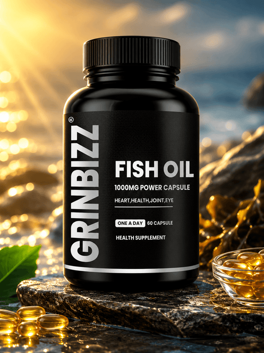 GRINBIZZ fish oil supplement bottle with a scenic background