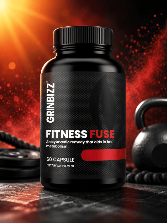 Black supplement bottle labeled 'Fitness Fuse' by Grinbizz with a red background and kettlebell.
