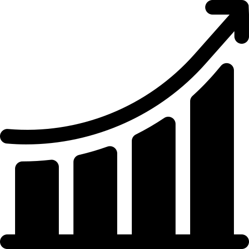 Black and white bar chart with an upward arrow on a white background