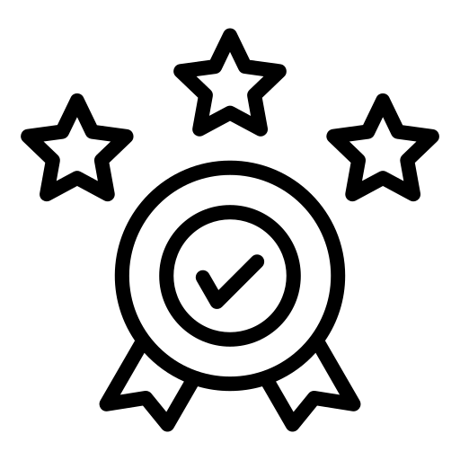 Icon of a badge with a check mark surrounded by stars on a white background