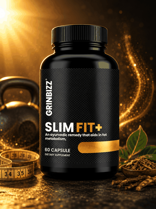 Black supplement bottle labeled 'Slim Fit+' with a kettlebell, tape measure, and spices on a dark background.