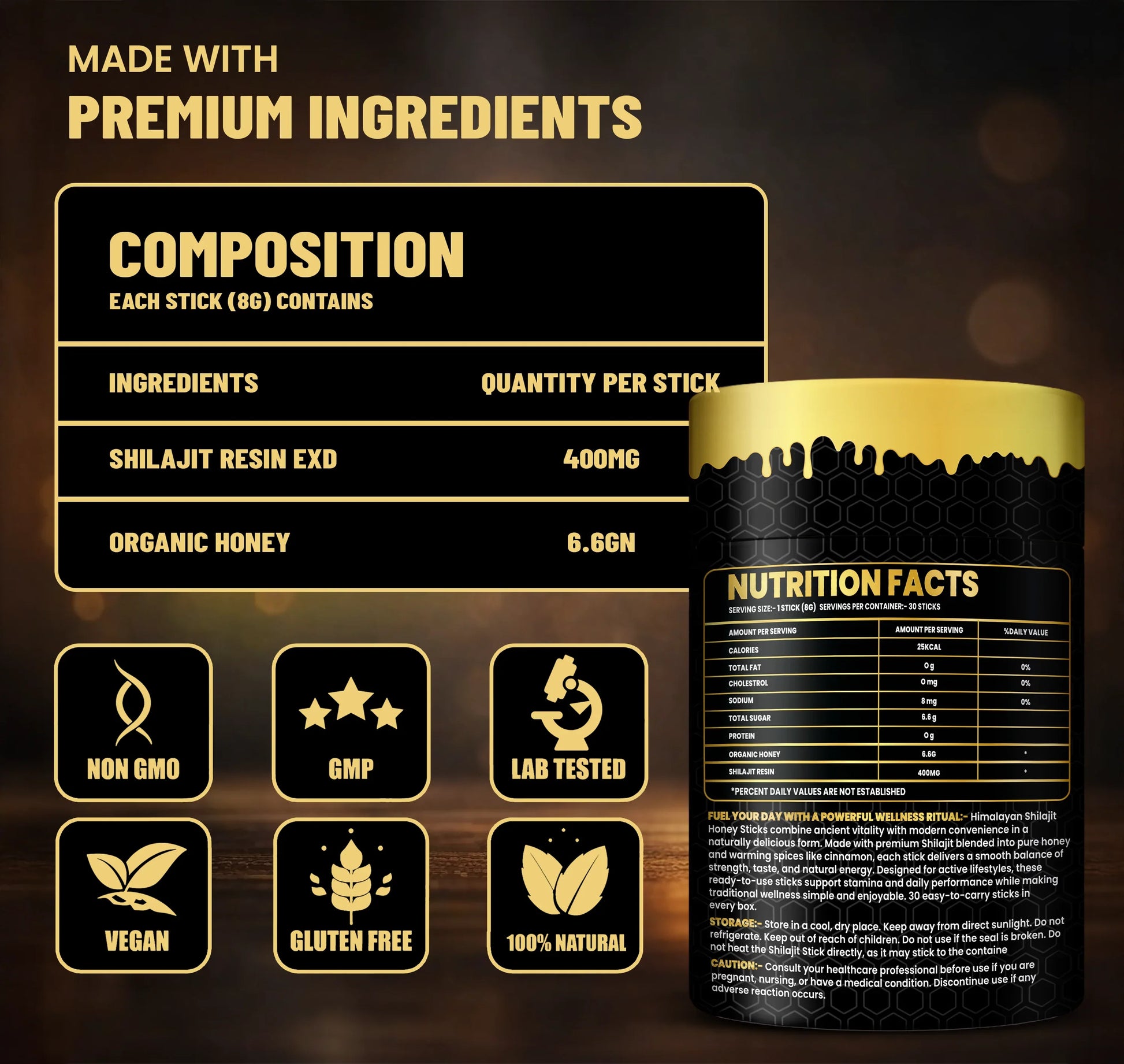 Nutritional supplement container with gold text and icons on a dark background