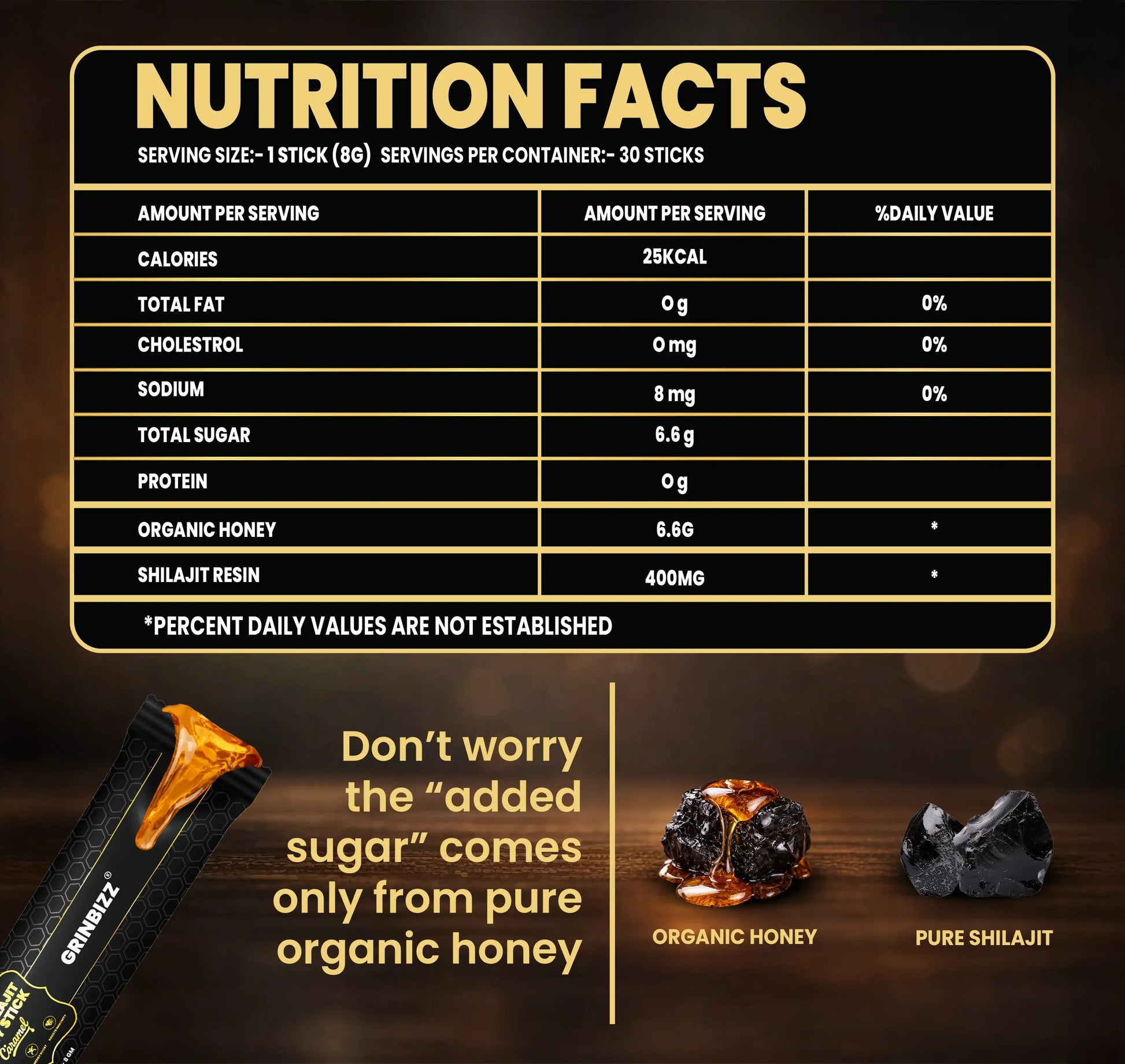 Nutrition facts label for a product with organic honey and shilajit resin on a dark background.