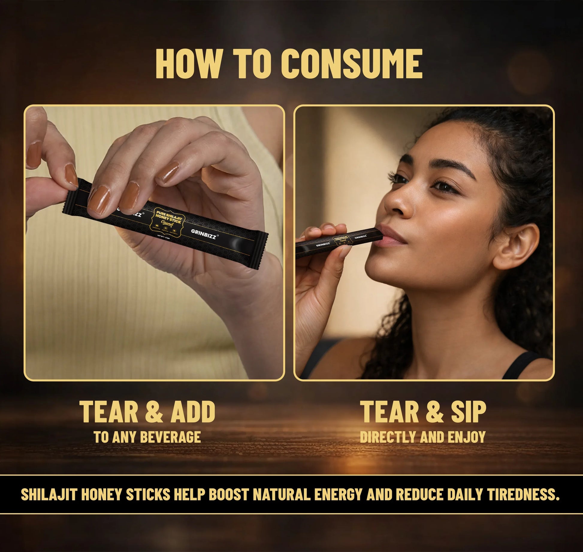 Instructions on how to consume Shilajit honey sticks with images of hands and a woman drinking from them.