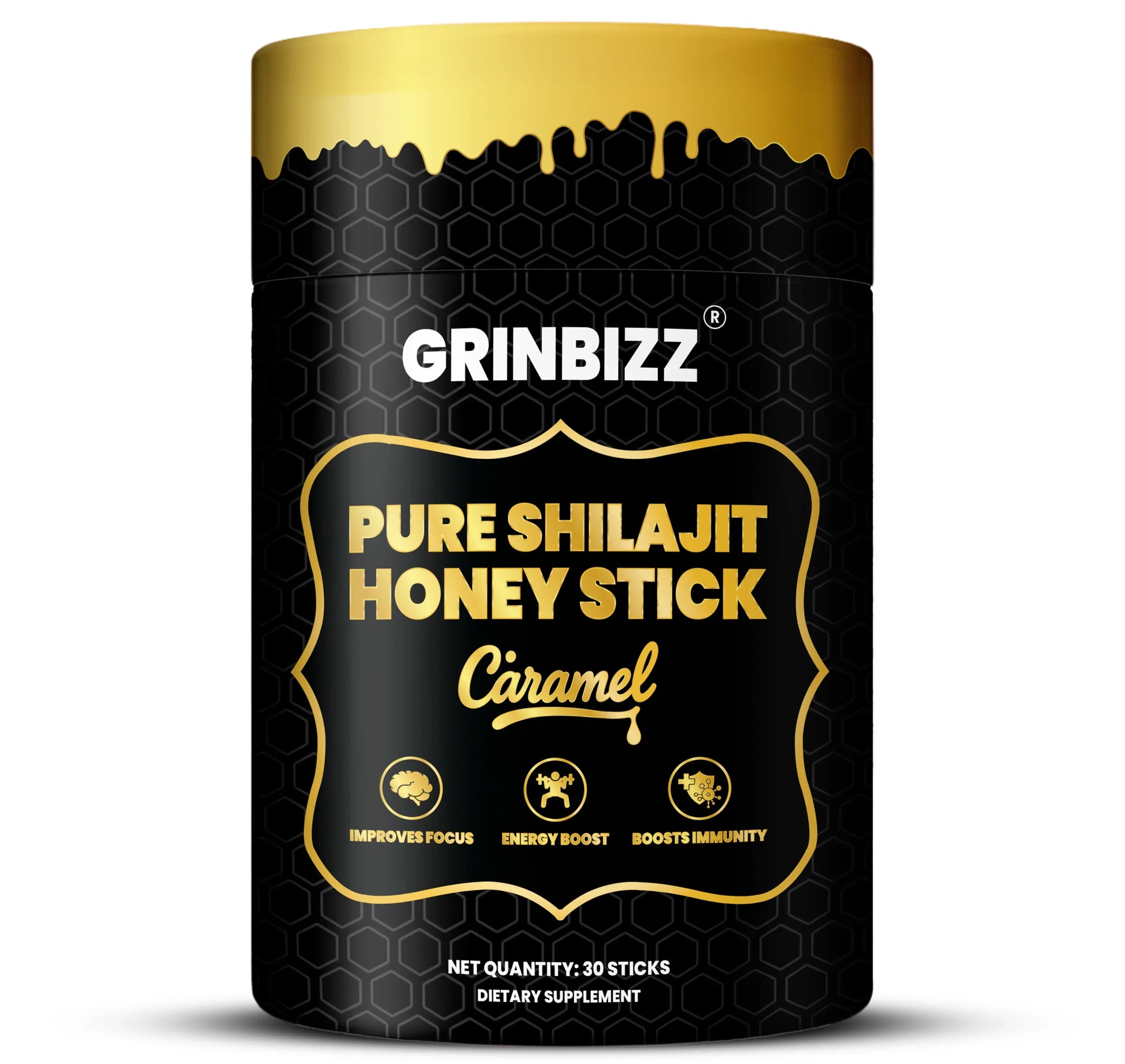 Grinbizz Pure Shilajit Honey Stick Caramel packaging on a white background