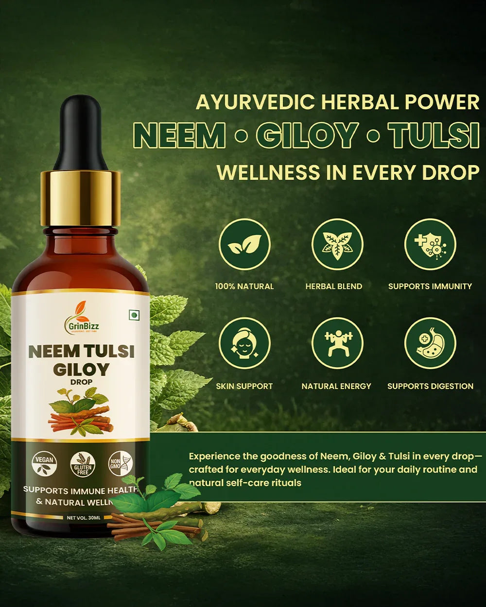 Neem Tulsi Giloy Drops for Immunity & Detox Support - Grinbizz exim pvt ltd