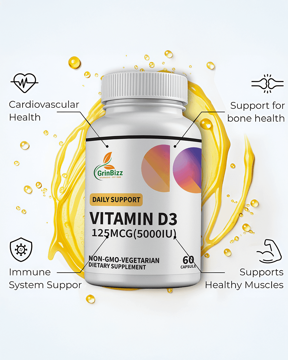Vitamin D3 Capsules for Bone Health and Immunity - 120 Capsules Pack - Grinbizz exim pvt ltd