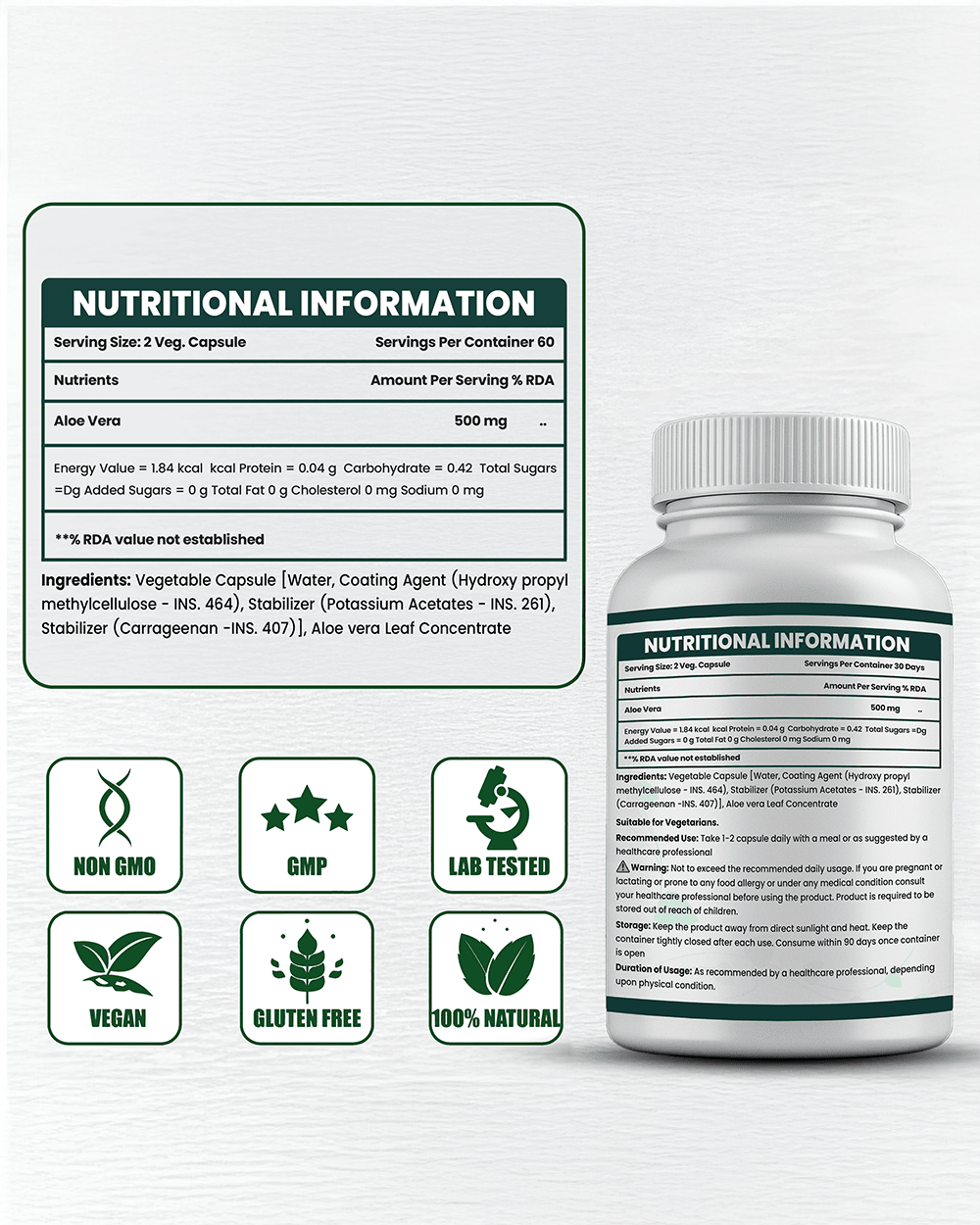 Aloe Vera Capsules for Digestive Health and Skin Support with Vitamin E - Grinbizz exim pvt ltd