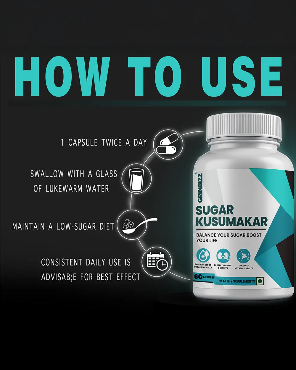 Sugar Kusumakar Capsules - For Blood Sugar & Metabolic Support - Grinbizz exim pvt ltd