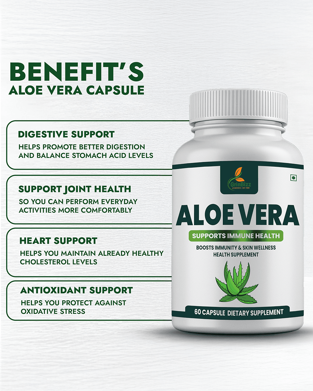 Aloe Vera Capsules for Digestive Health and Skin Support with Vitamin E - Grinbizz exim pvt ltd