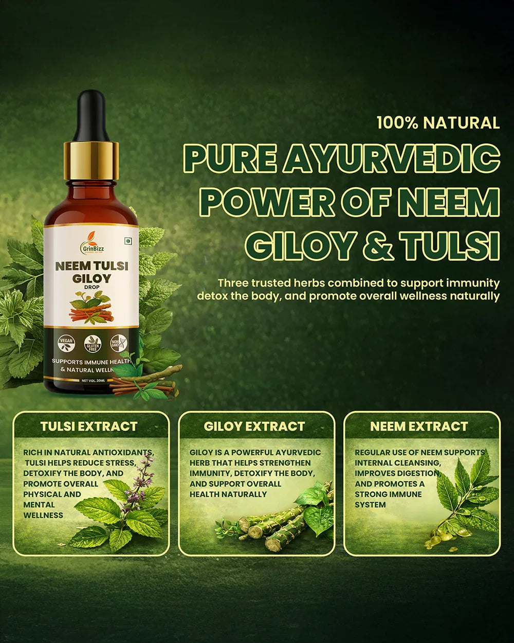 Neem Tulsi Giloy Drops for Immunity & Detox Support - Grinbizz exim pvt ltd