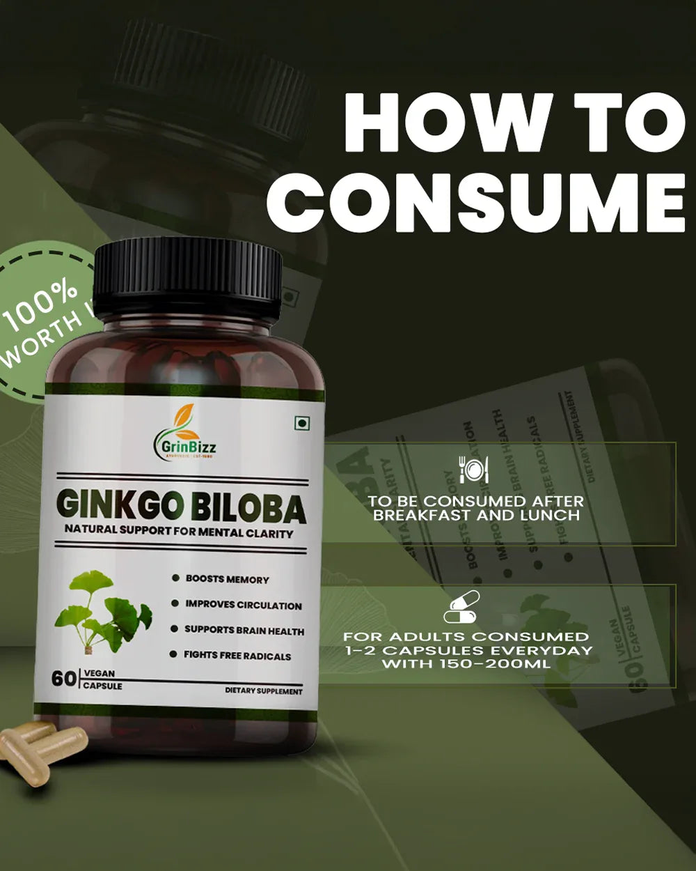 Ginkgo Biloba Capsules - For Brain Health & Memory Support - Grinbizz exim pvt ltd