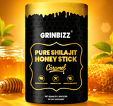 Grinbizz Pure Shilajit Honey Stick Caramel packaging with honeycomb and honey jar in the background.