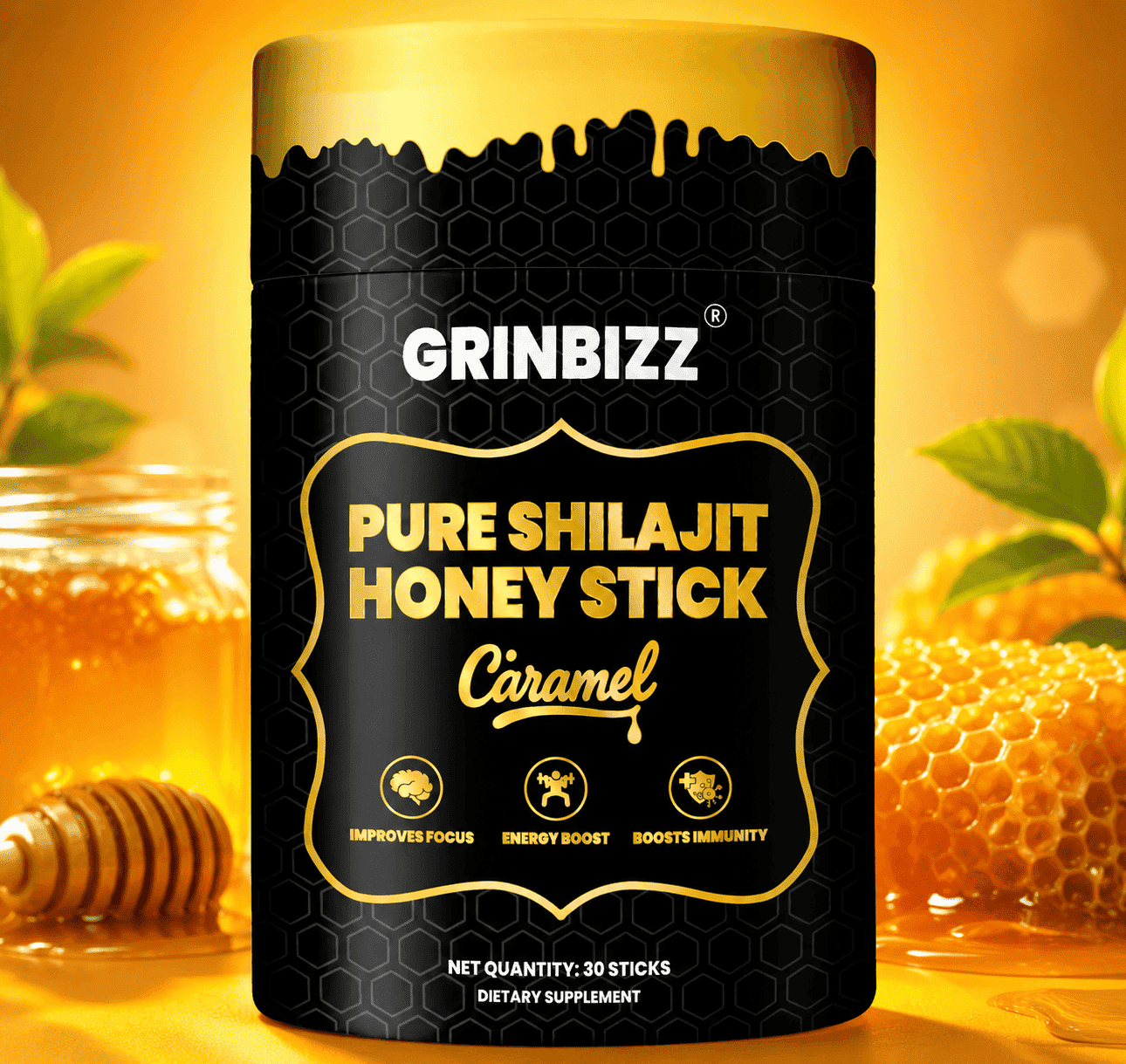 Grinbizz Pure Shilajit Honey Stick Caramel packaging with honeycomb and honey jar in the background.