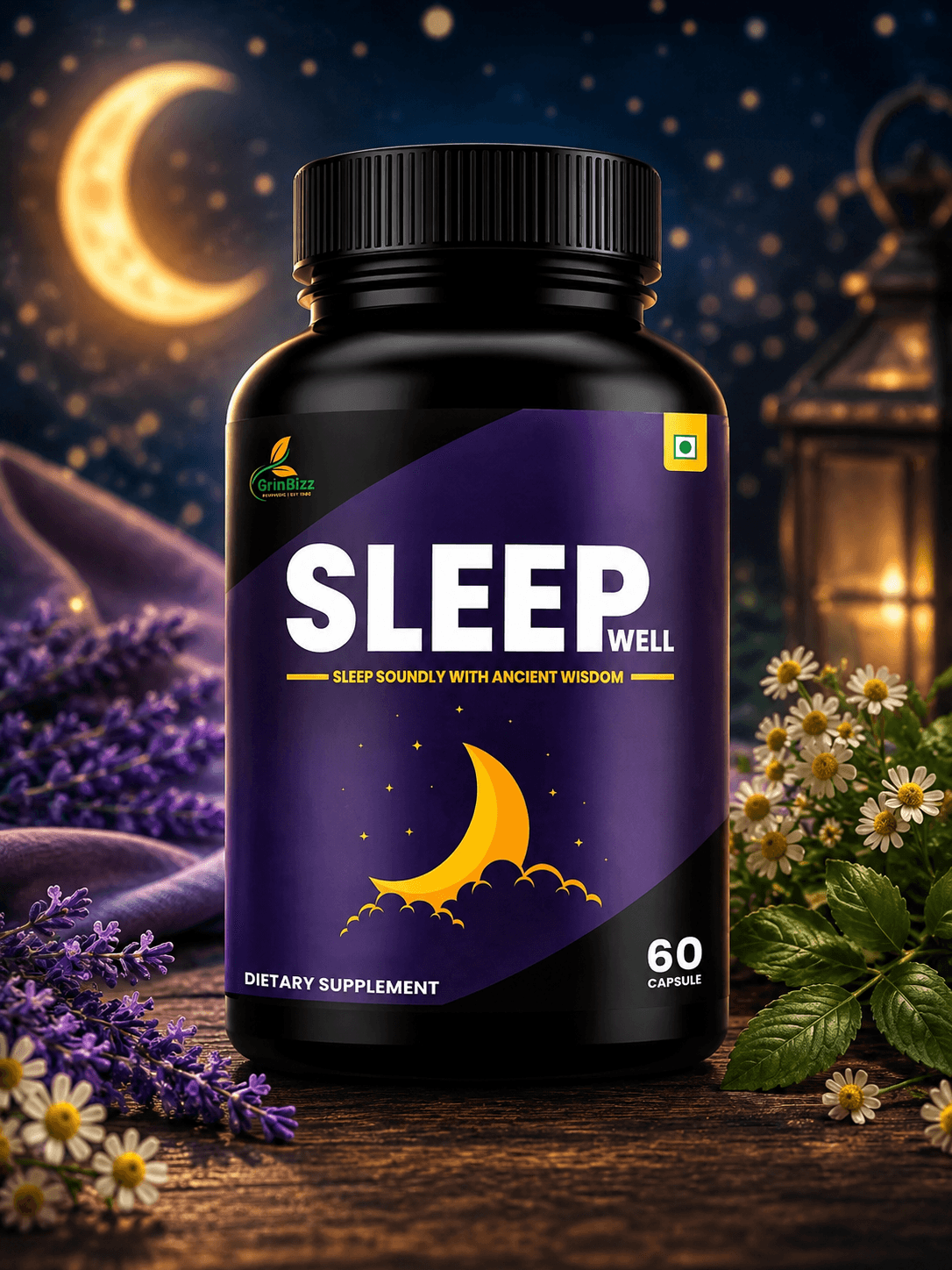 Sleep supplement bottle labeled 'Sleep Well' with a nighttime scene in the background.