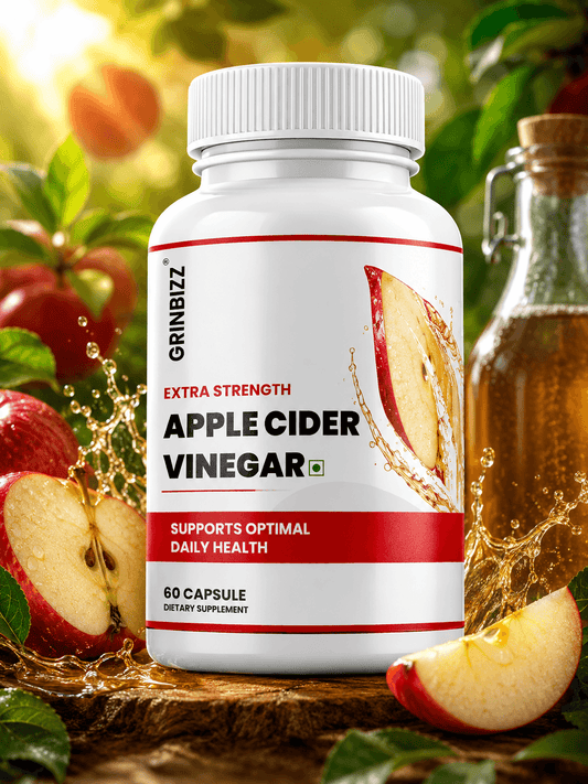 Supplement bottle labeled 'Apple Cider Vinegar' with apple slices and juice in the background
