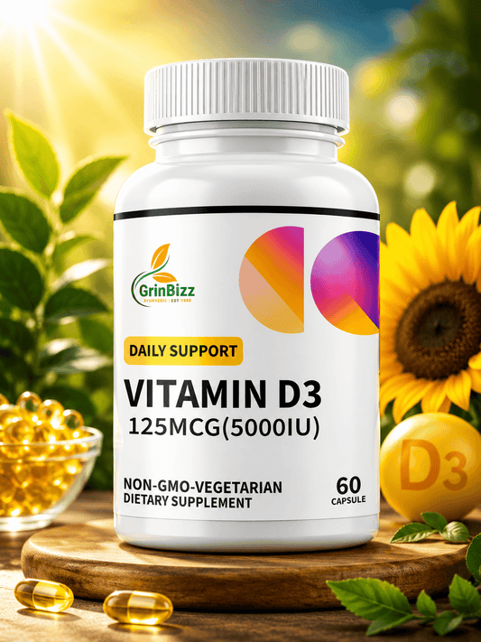 Vitamin D3 supplement bottle with sunflower and capsules on a wooden surface