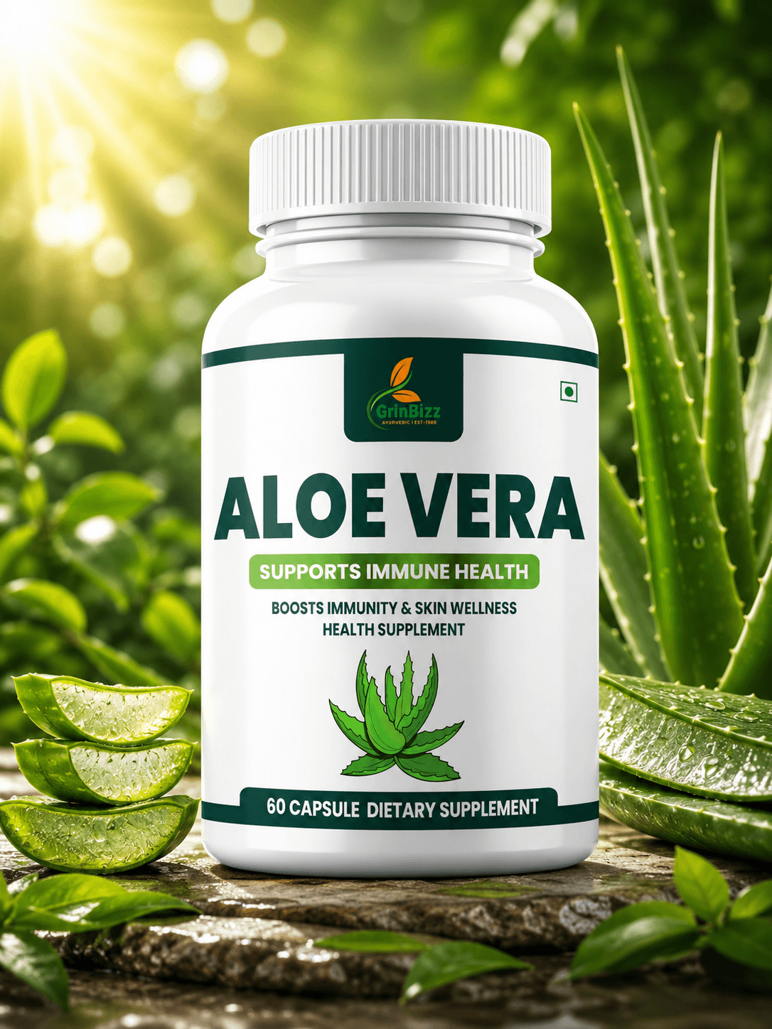 A bottle of Aloe Vera dietary supplement with aloe vera leaves in the background