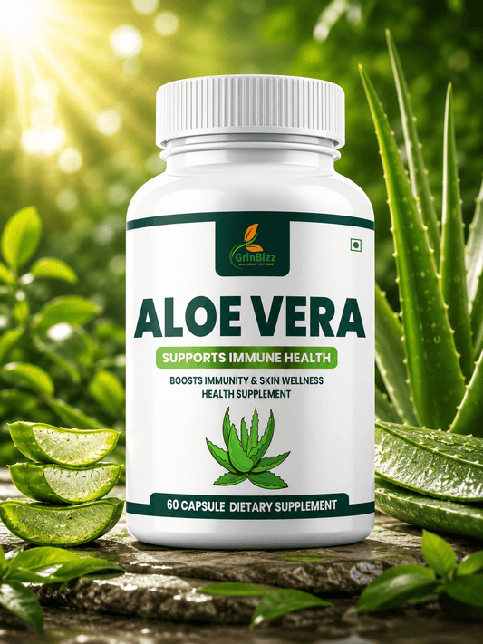 A bottle of Aloe Vera dietary supplement with aloe vera leaves in the background