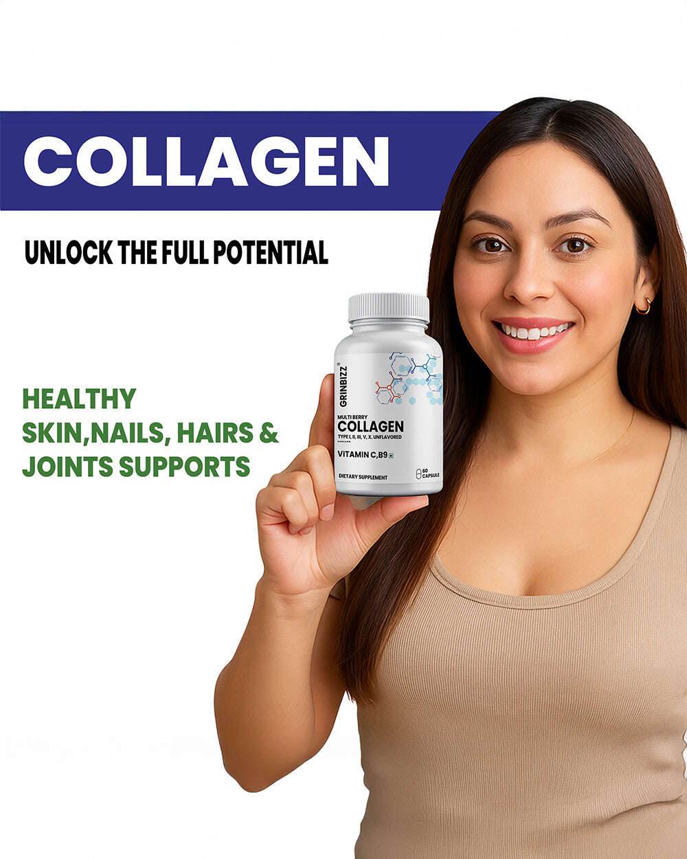 Collagen Capsules- Essential Energy, Metabolism & Nerve Support - Grinbizz exim pvt ltd