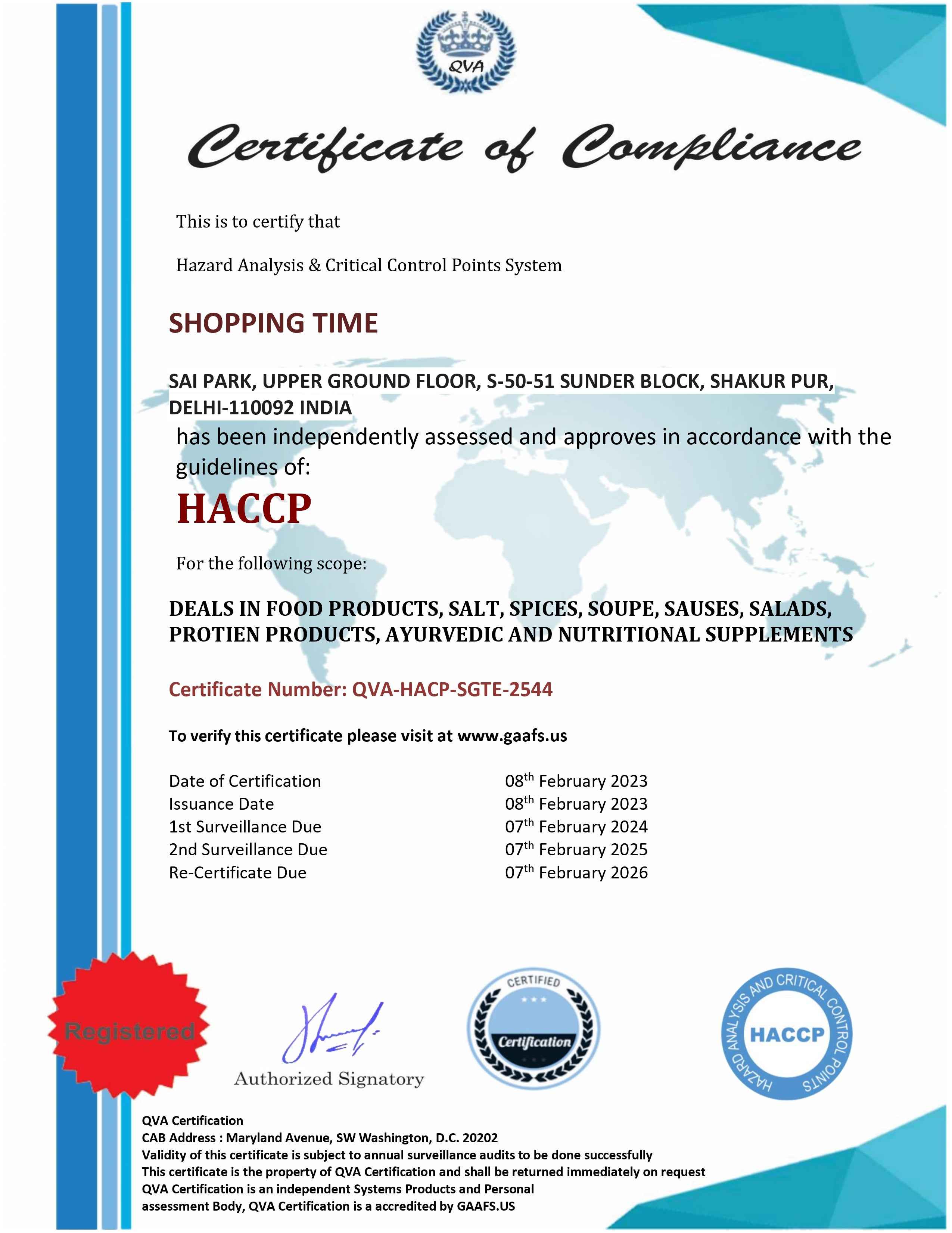 Certificate of Compliance for HACCP system with certification logos and text.