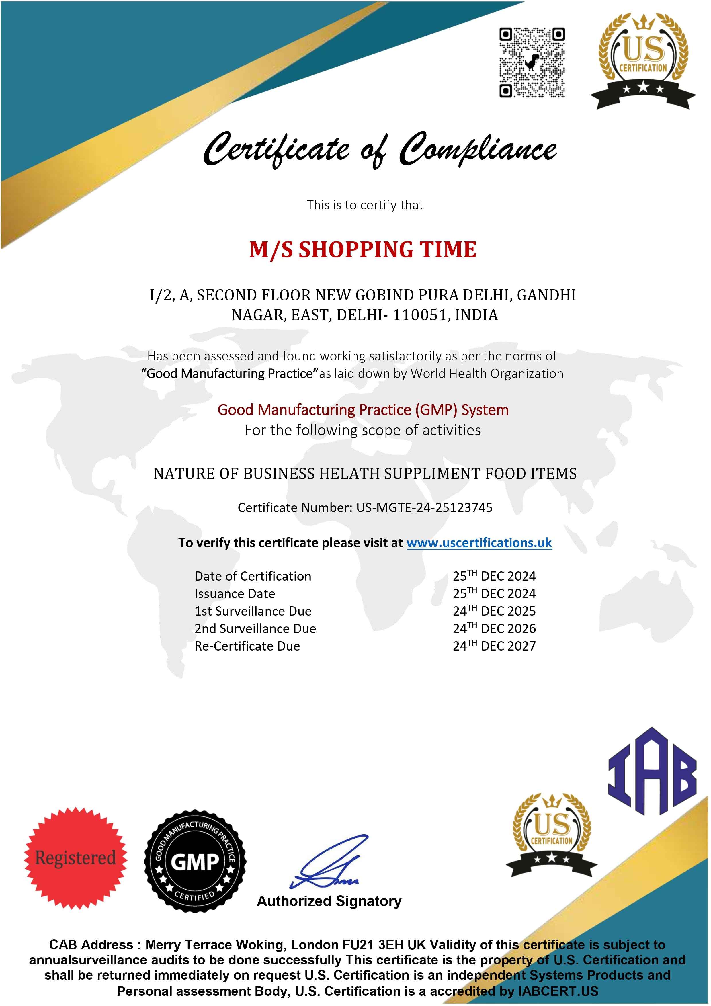 Certificate of Compliance for M/S SHOPPING TIME with various logos and text on a blue and white background.