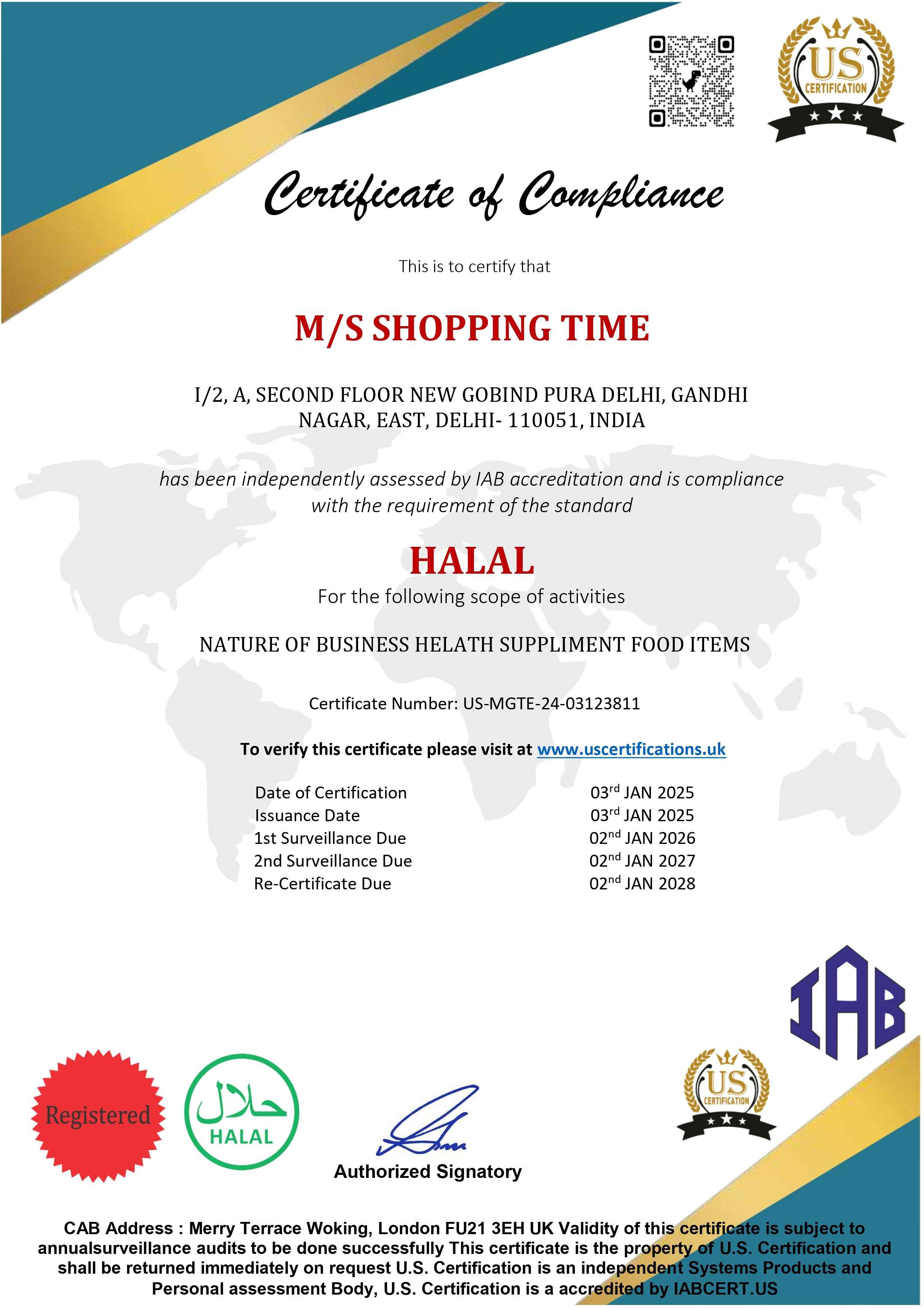 Certificate of Compliance for M/S Shopping Time with Halal certification details.