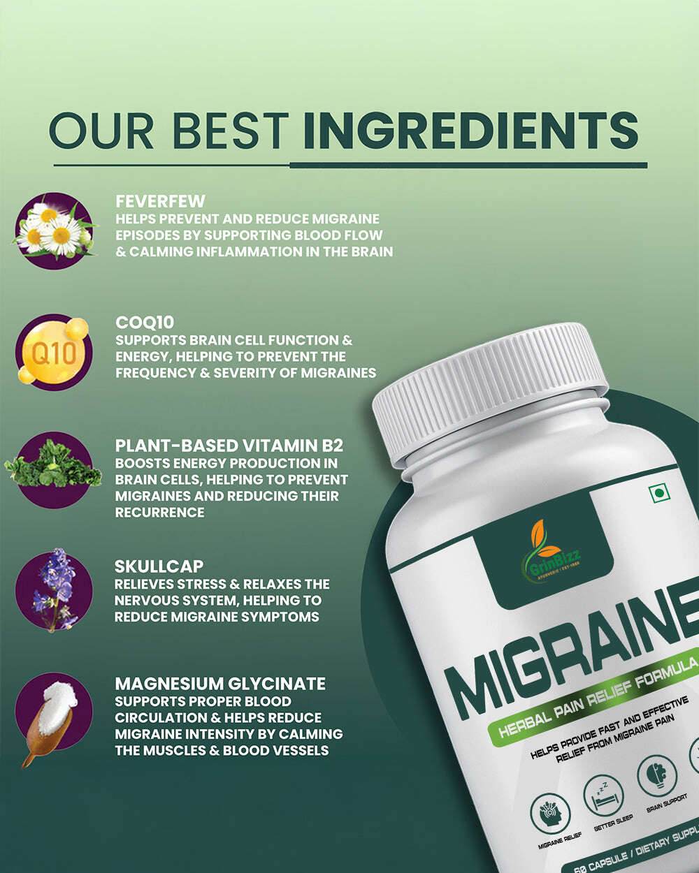 Migraine Relief Capsules for Fast Support Against Tension and Discomfort - Grinbizz exim pvt ltd