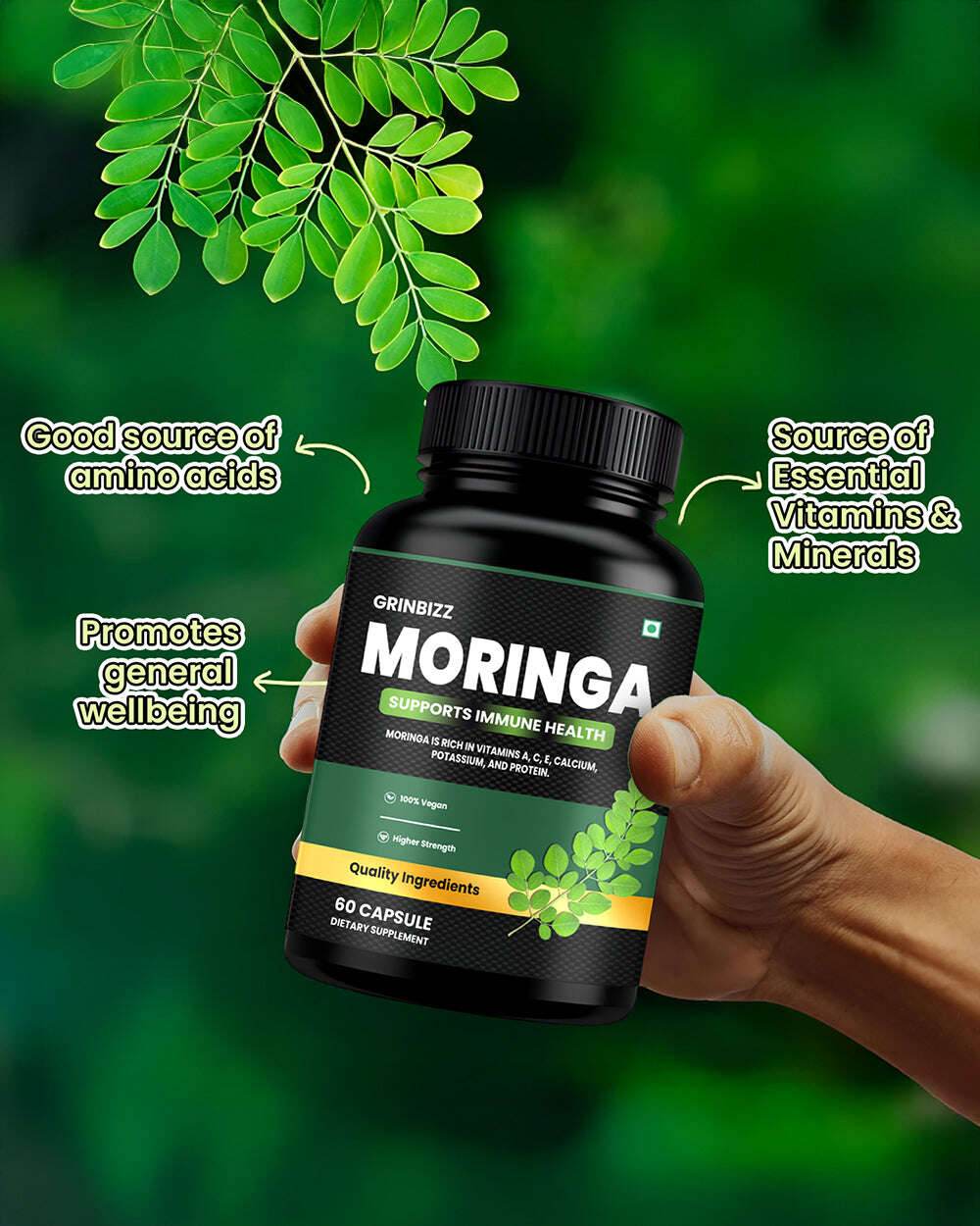 Moringa Capsules for Enhanced Wellness and Vitality with Moringa Powder - Grinbizz exim pvt ltd