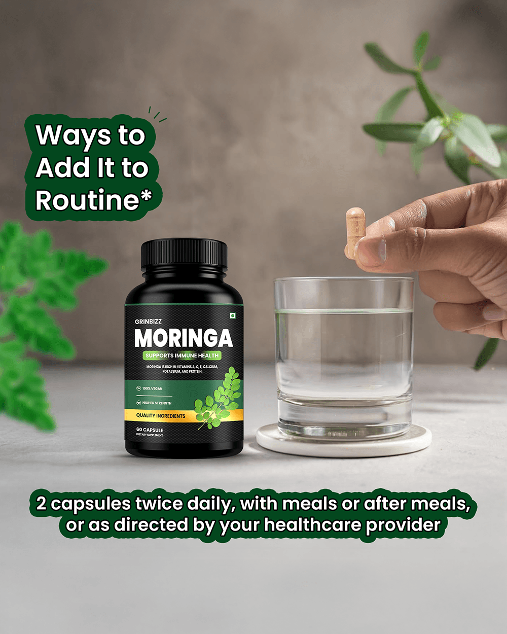 Moringa Capsules for Enhanced Wellness and Vitality with Moringa Powder - Grinbizz exim pvt ltd