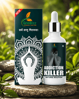 GanBizz Ayurvedic product packaging with a dropper bottle labeled 'Addiction Killer' on a natural background.