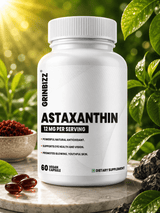 GRINBIZZ Astaxanthin supplement bottle with green leaves in the background