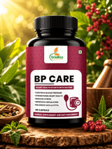 Herbal supplement bottle labeled 'BP Care' by GrinBizz on a wooden surface with natural elements.