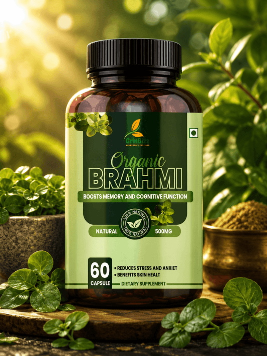 Bottle of Organic Brahmi supplement with green leaves in the background
