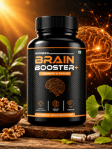 Grinizz Brain Booster supplement bottle with brain and walnut background