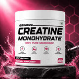 Grinbizz Creatine Monohydrate supplement container with pink water effect and hexagonal pattern