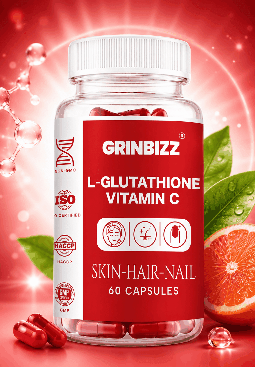 Grinbizz L-Glutathione Vitamin C Capsules – Skin, Hair & Nail Support