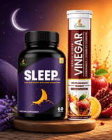 Sleep supplement bottle and GrinBizz vinegar packaging on a wooden surface with a night sky background.