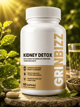 Grinbizz Kidney Detox supplement bottle with natural elements in the background